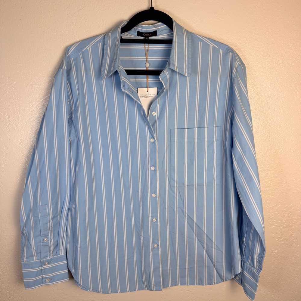 New Quince Women's M Organic Cotton Poplin Boyfriend Shirt Blue Double Striped